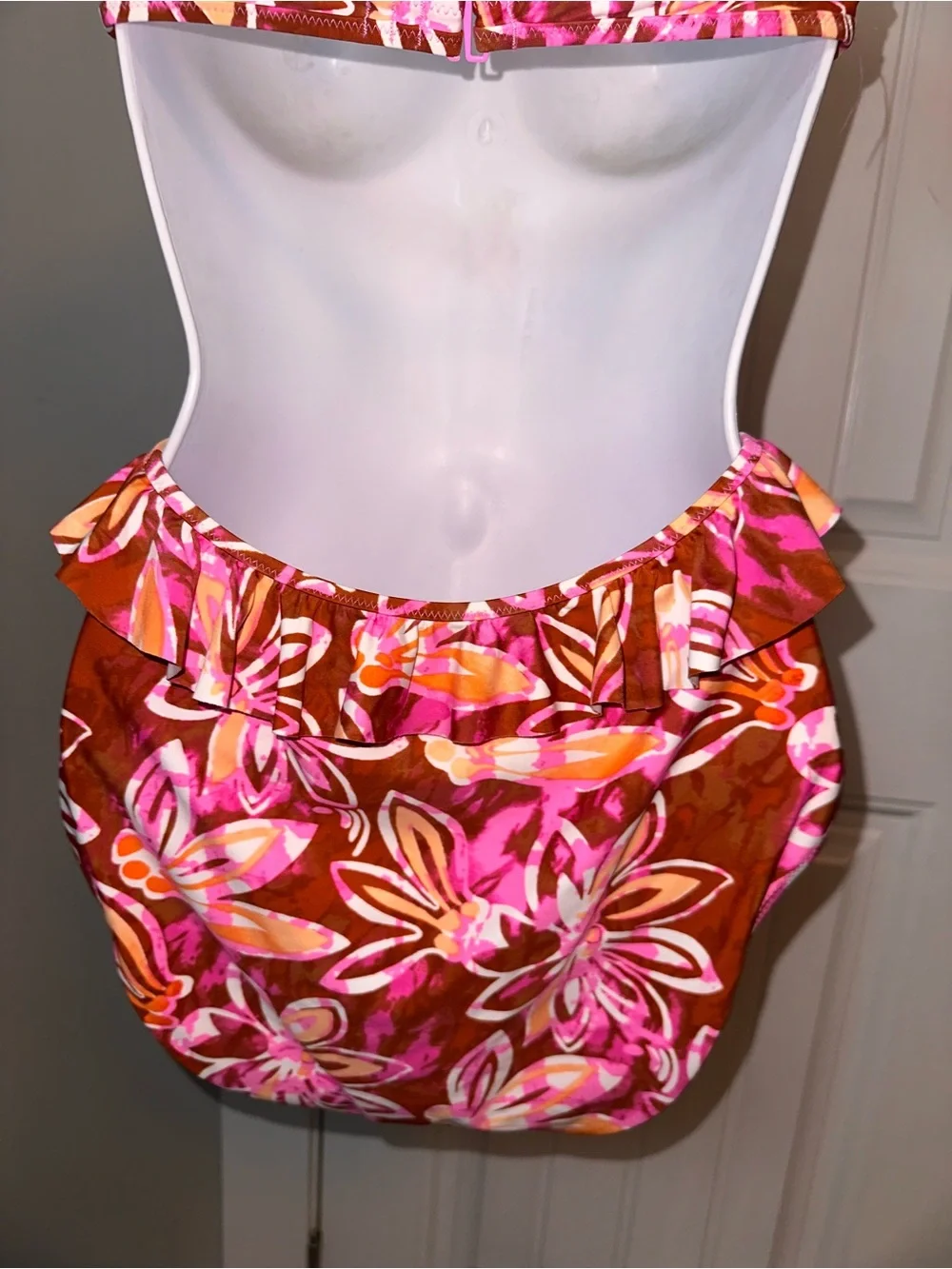 NWT Aerie Size Large Floral Halter Cutout One-Piece Swimsuit Ruffles Pink Brown